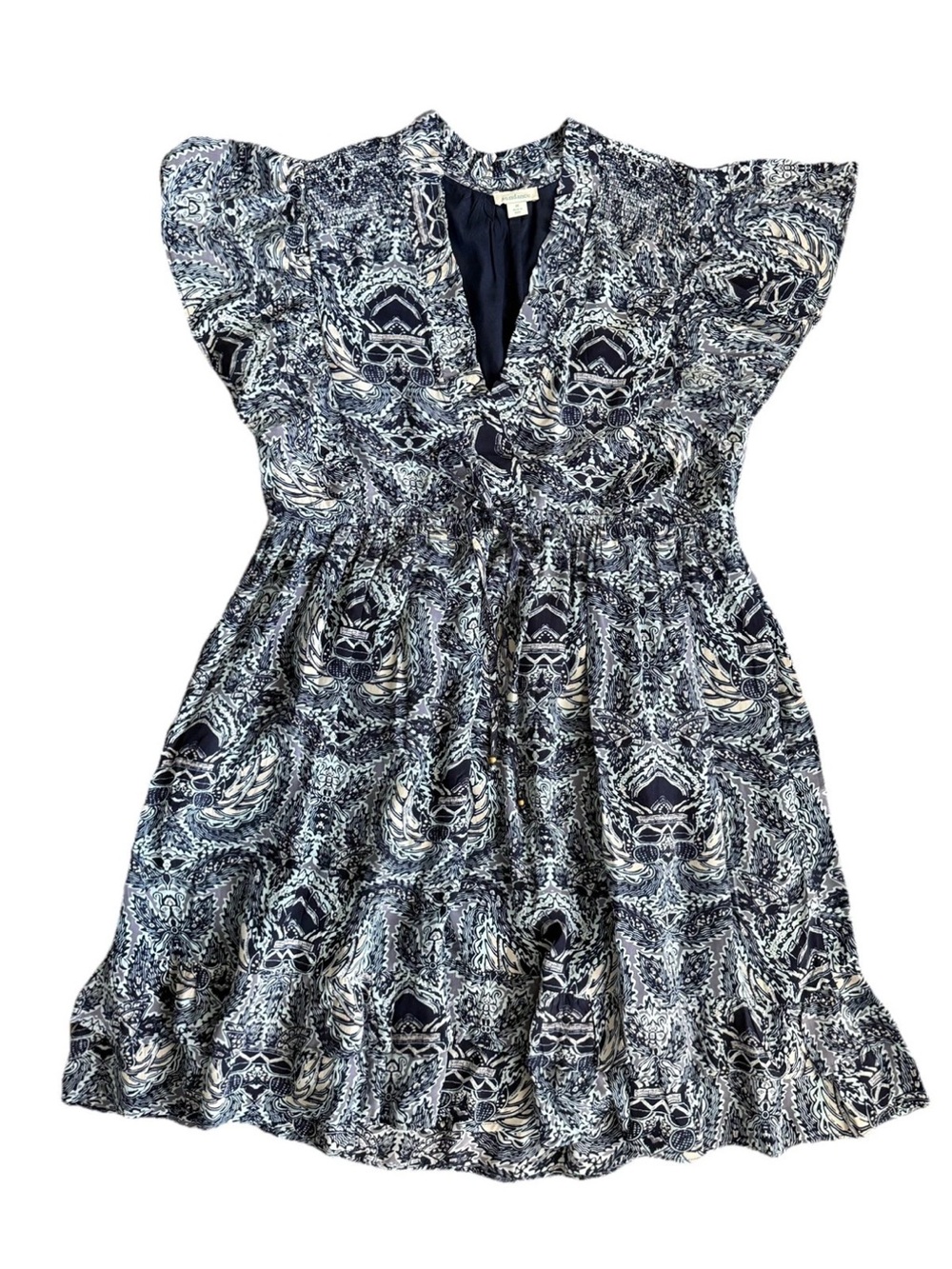 Sundance Blue Paisley/Geometric Dress Empire Waist Ruffle Flutter Sleeve Sz Med